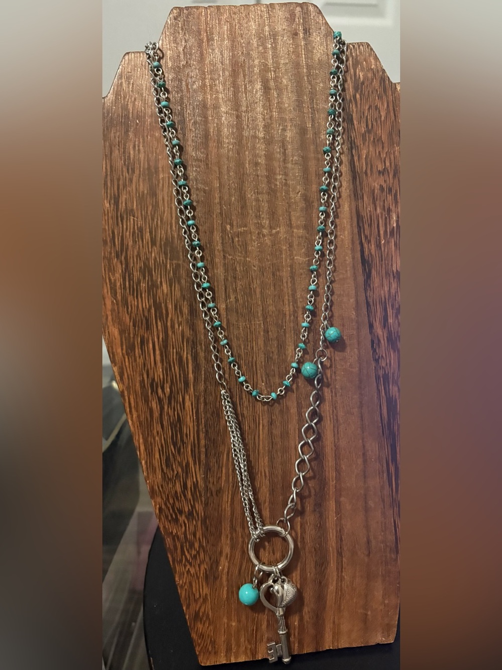 Turquoise Bead Multi-Layer Silver Necklace - Women Jewelry set of 2